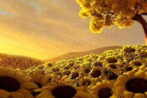 artwork, Digital art, Sunflowers