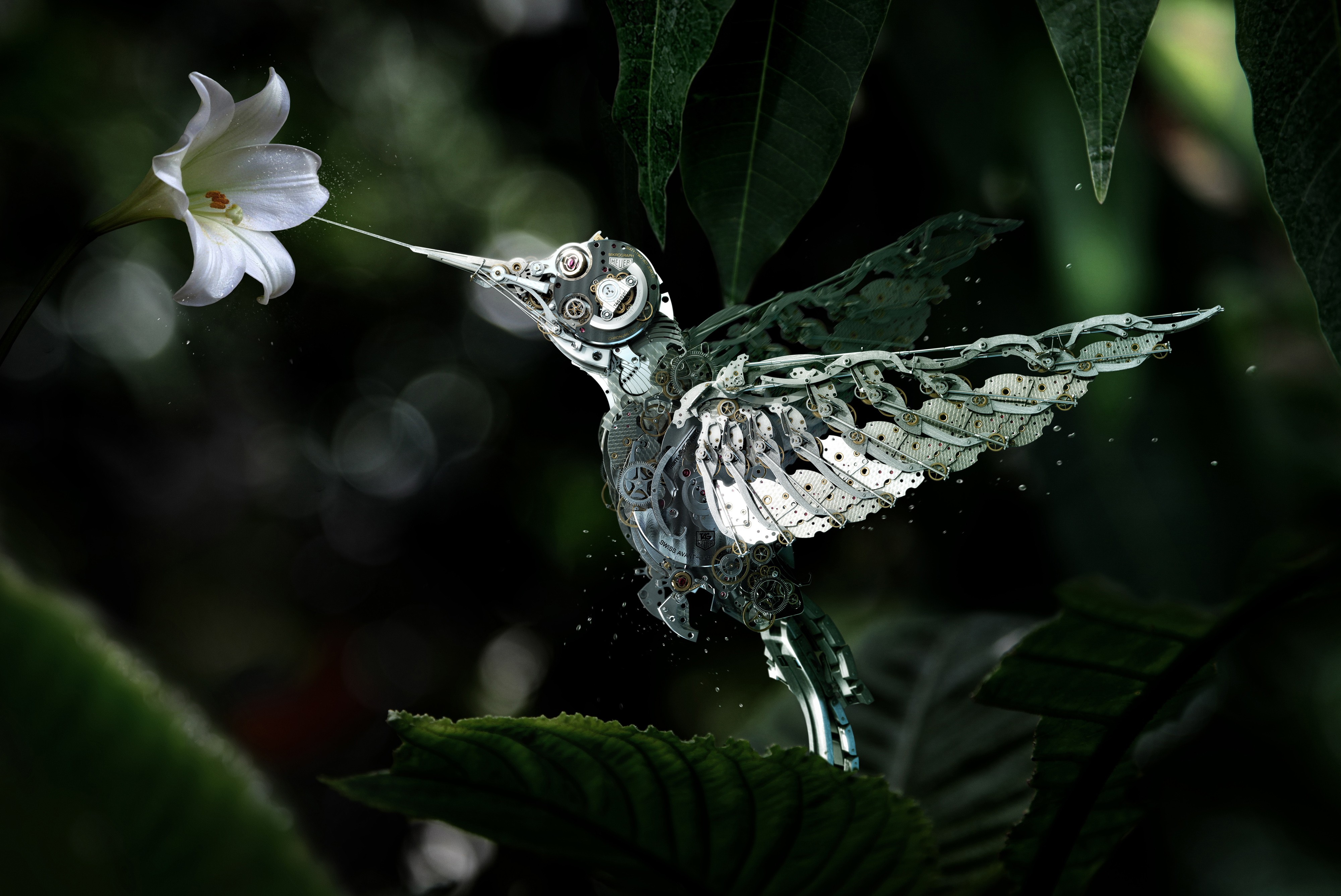 hummingbirds, Gears, Birds, Flowers, Machine, Digital art, Render Wallpaper