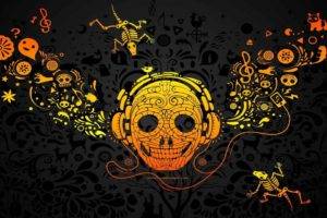 skull, Digital art, Headphones, Colorful