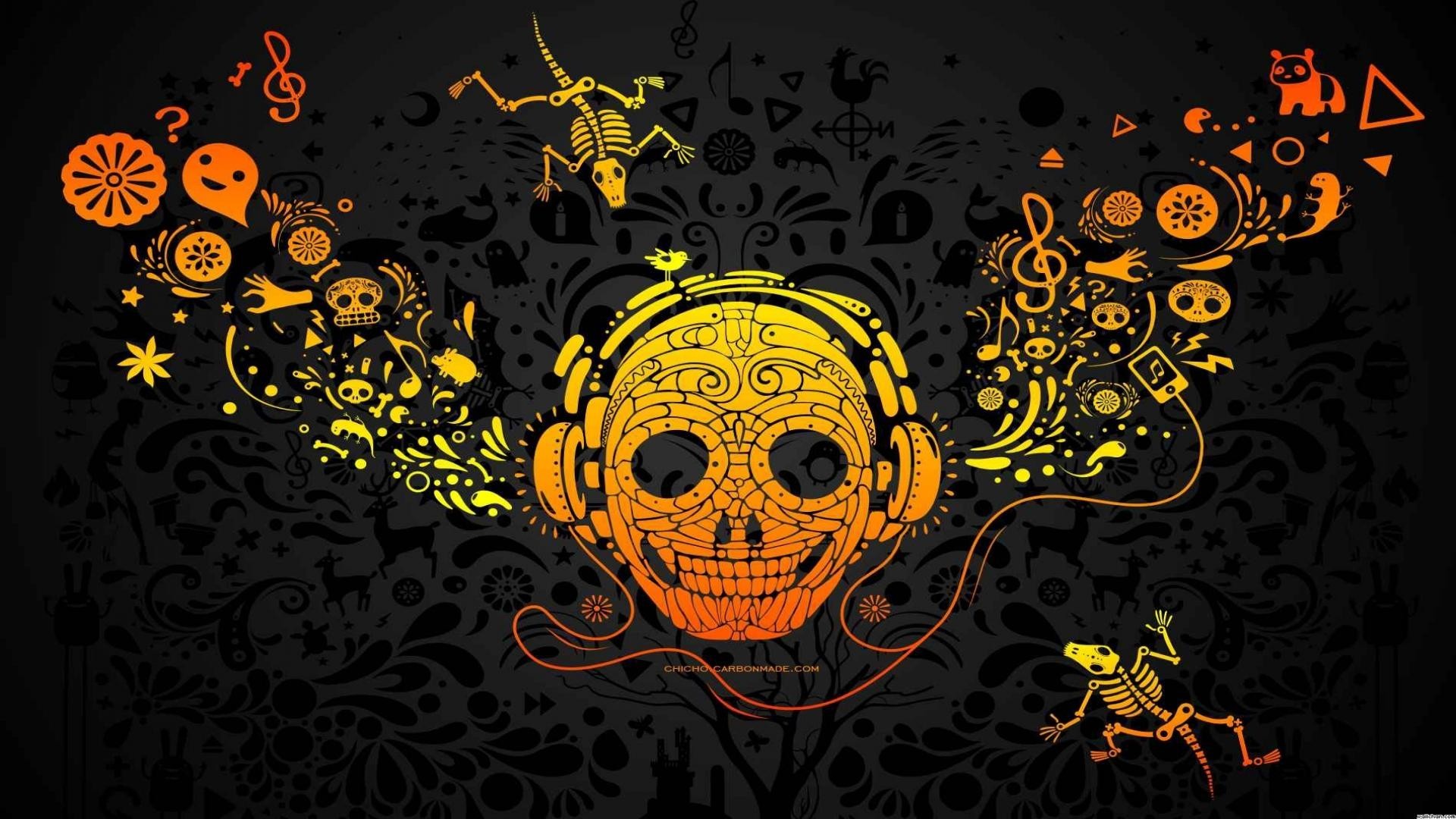 skull, Digital art, Headphones, Colorful Wallpaper