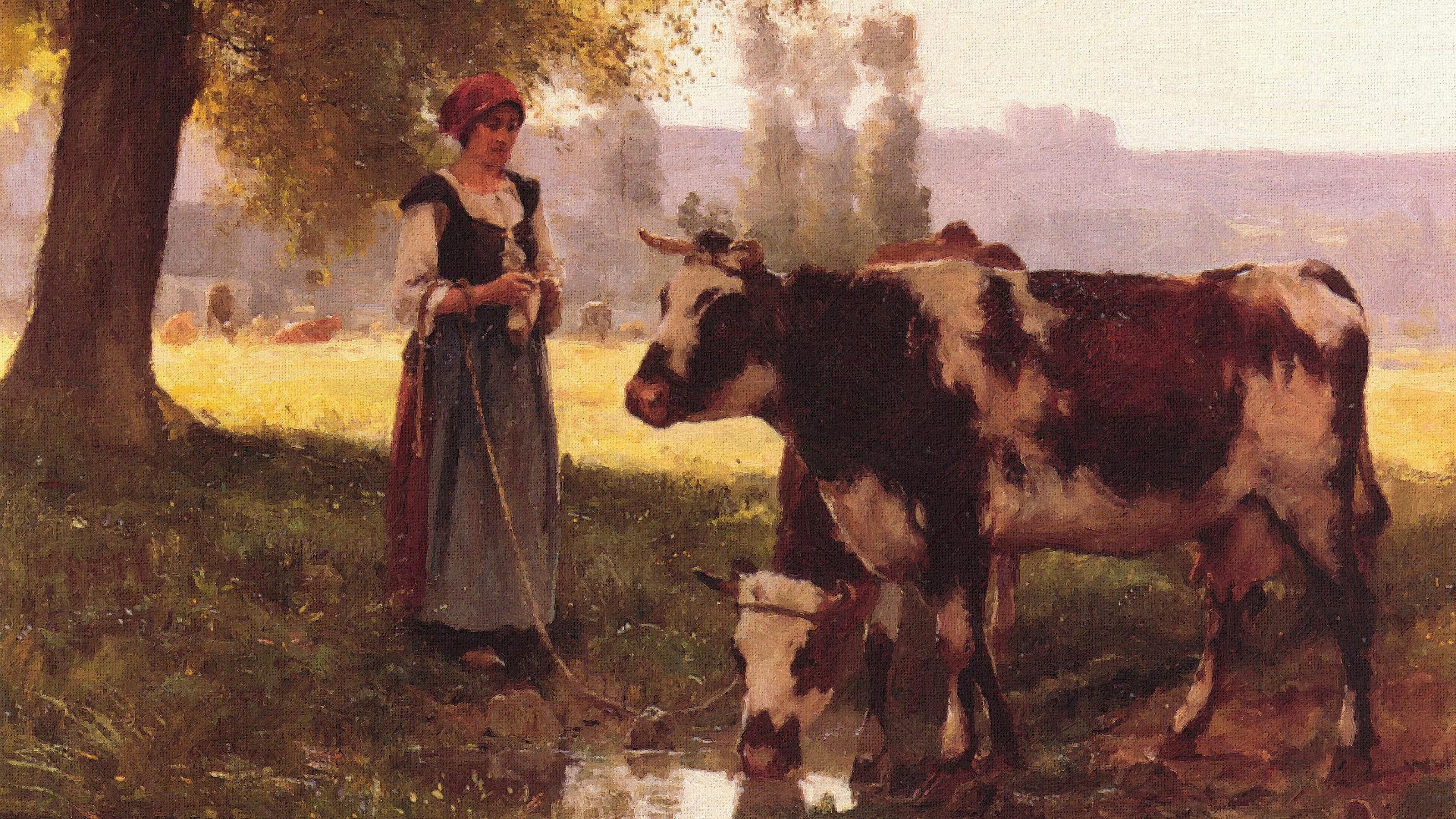 painting, Cows, Farm, Artwork, Classic art, Peasants Wallpaper