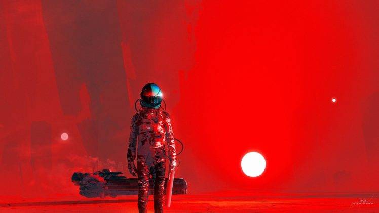 Kuldar Leement, Red background, Astronaut, Science fiction, Artwork, Current Value,  BlackoutMusic HD Wallpaper Desktop Background