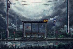 artwork, Sylar, Rain, Bus stations, Power lines, Signs, Utility pole