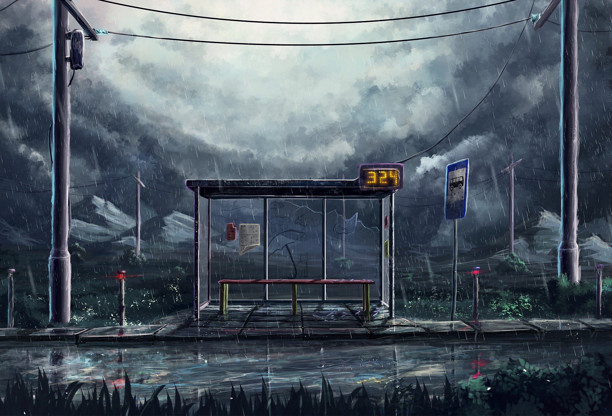 artwork, Sylar, Rain, Bus stations, Power lines, Signs, Utility pole Wallpaper