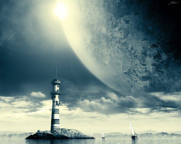 lighthouse, Digital art, Sailing ship, Planet HD Wallpaper Desktop Background