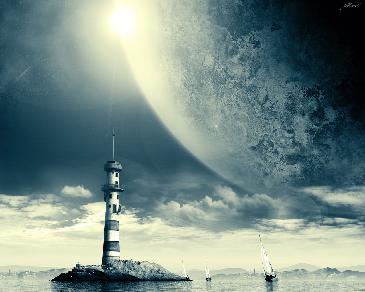 lighthouse, Digital art, Sailing ship, Planet Wallpaper