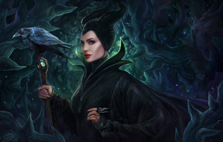 Maleficent, Angelina Jolie, Drawing, Crow, Disney, Artwork, Thorns HD Wallpaper Desktop Background
