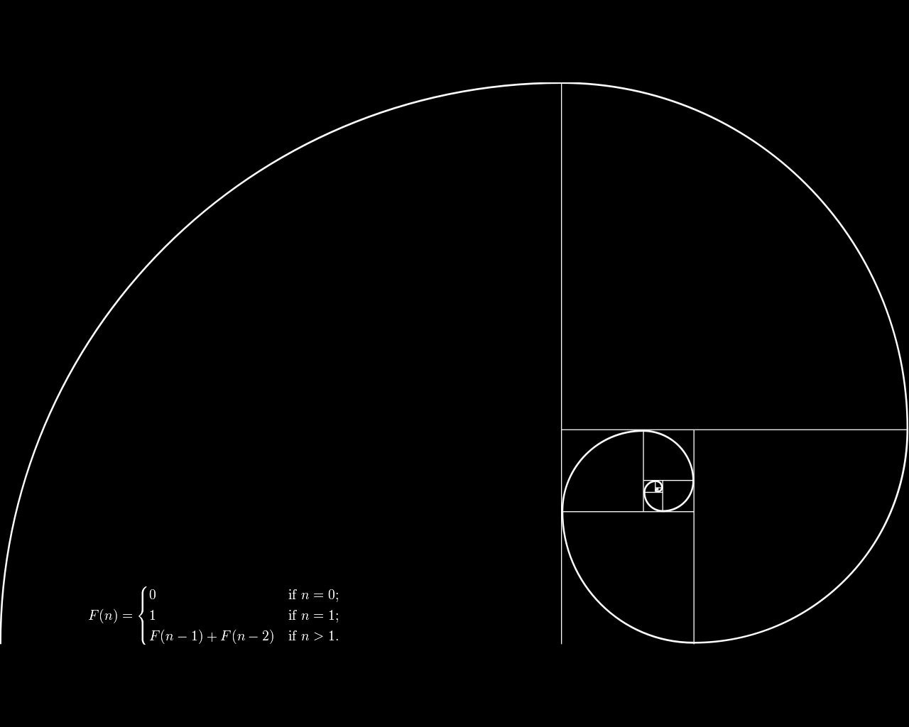 minimalism, Fibonacci sequence, Golden ratio, Mathematics, Spiral, Square, Black background, Numbers, Geometry, Monochrome, Inception Wallpaper