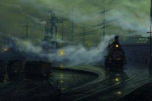artwork, Painting, Steam locomotive, Rail yard, Smoke