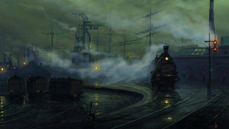 artwork, Painting, Steam locomotive, Rail yard, Smoke HD Wallpaper Desktop Background