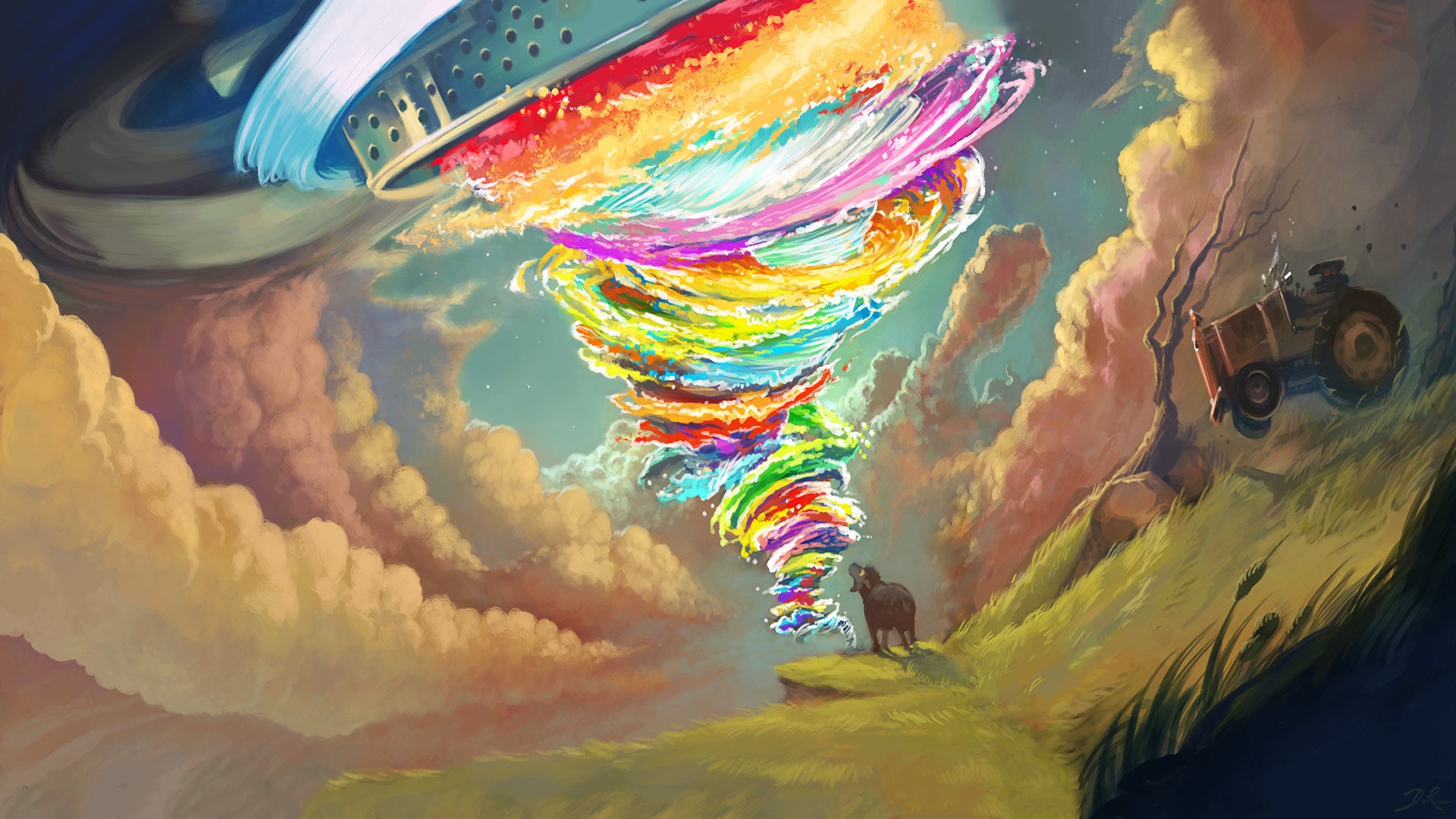 psychedelic, Tornado, Colorful, Tractors, Artwork Wallpaper