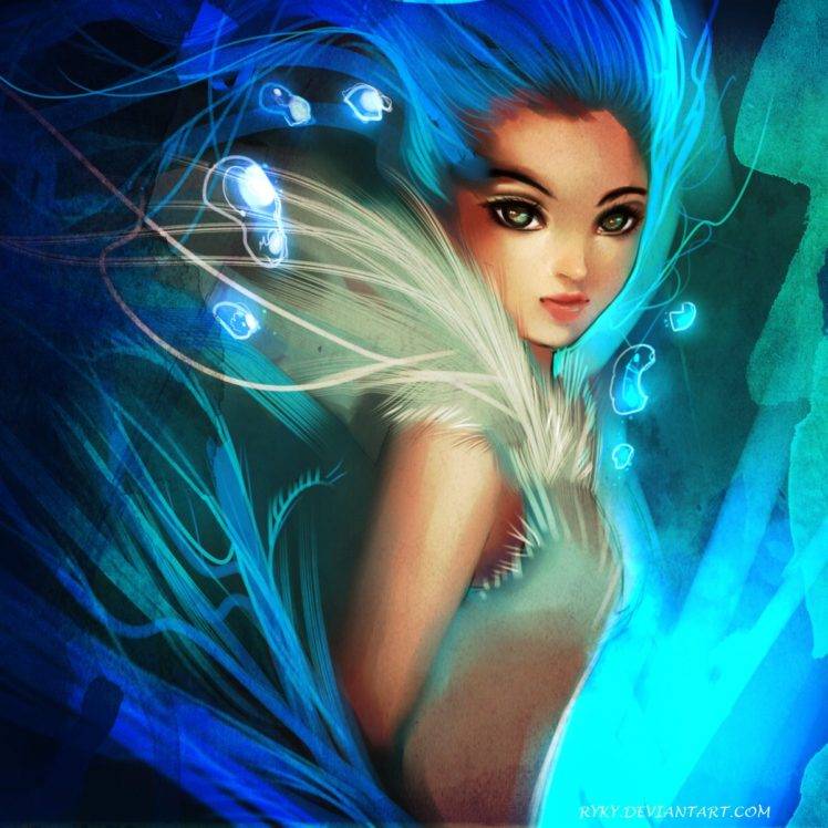 face, Artwork, Eyes, Blue hair HD Wallpaper Desktop Background