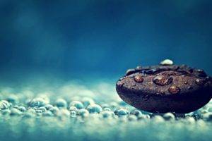 artwork, Macro, Photography, Closeup, Water drops, Coffee beans, Blue background, Depth of field