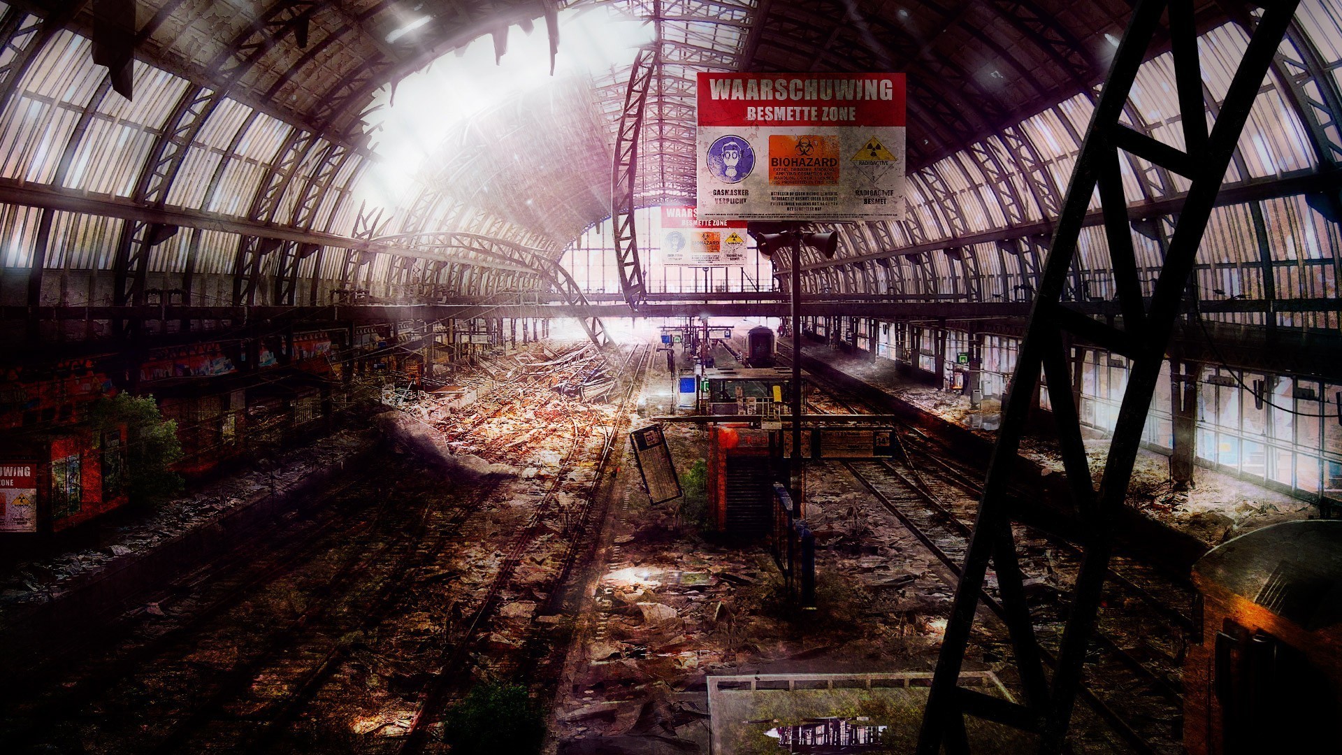 digital art, Train station, Old building, Abandoned, Apocalyptic, Ruin