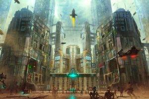 artwork, Robot, City, Futuristic, Spaceship