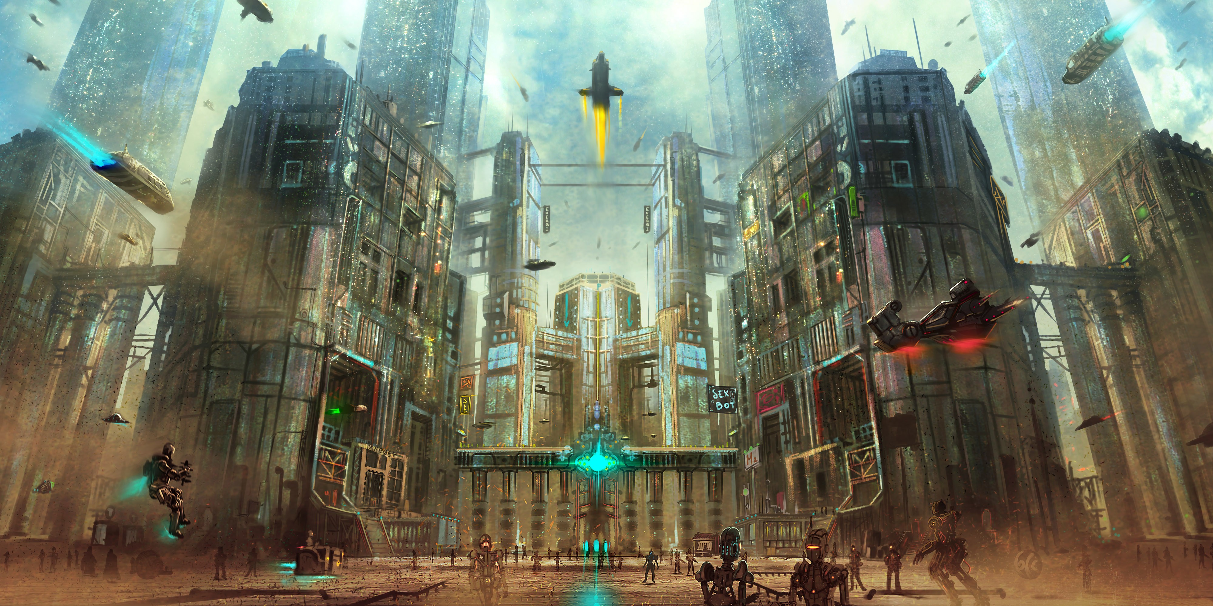 artwork, Robot, City, Futuristic, Spaceship Wallpaper