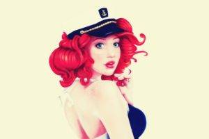 pinup models, Redhead, Simple background, Hat, Artwork