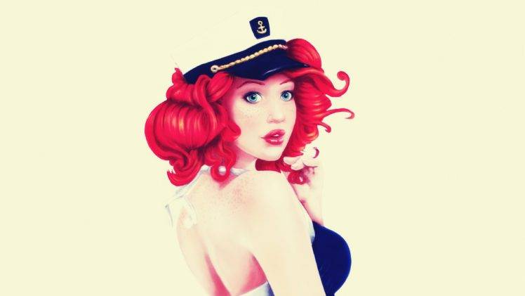 pinup models, Redhead, Simple background, Hat, Artwork HD Wallpaper Desktop Background