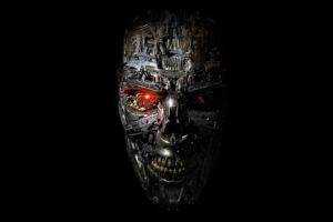 face, Red eyes, Teeth, Terminator, Terminator Genisys, Robot, Cyborg, Science fiction, Black background, Metal, Gears, Steel, Digital art, CGI, Artwork, Skull, Machine, T 1000, Movies