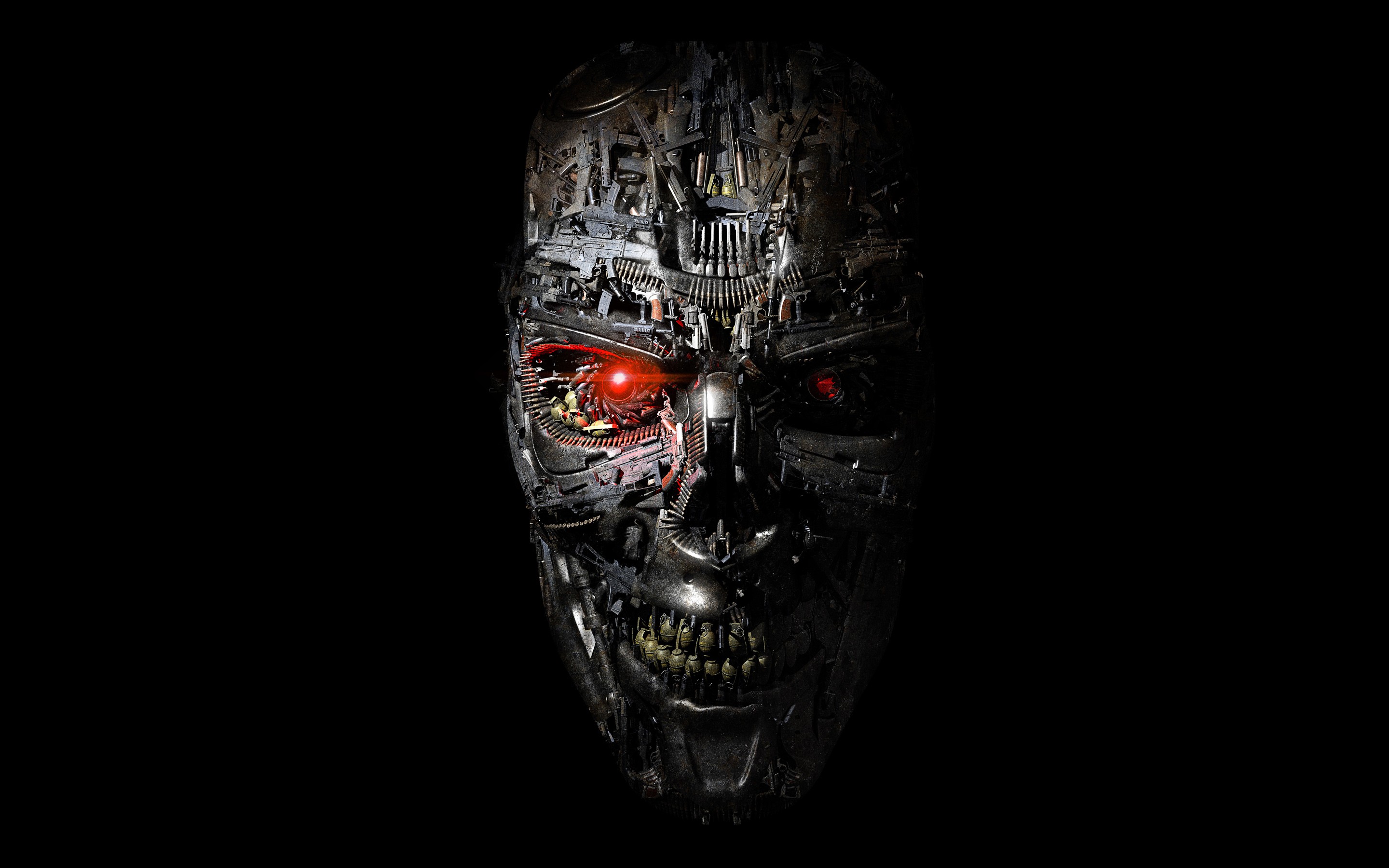 face, Red eyes, Teeth, Terminator, Terminator Genisys, Robot, Cyborg, Science fiction, Black background, Metal, Gears, Steel, Digital art, CGI, Artwork, Skull, Machine, T 1000, Movies Wallpaper