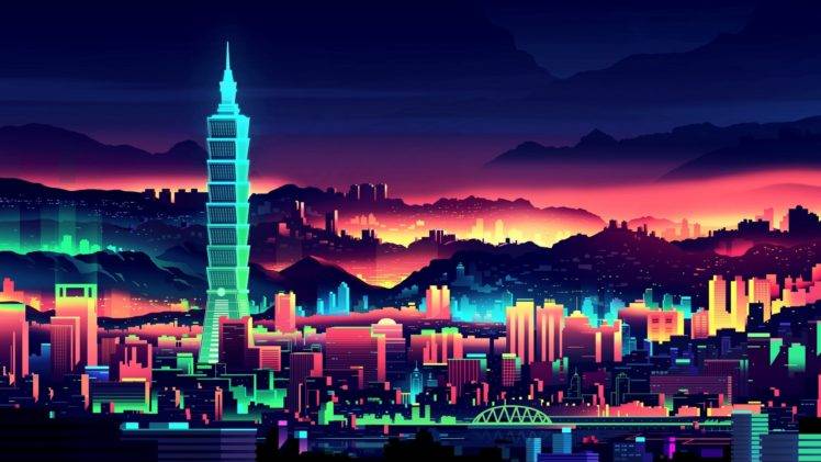 artwork, City, Colorful, Taipei, Taiwan, Glowing HD Wallpaper Desktop Background