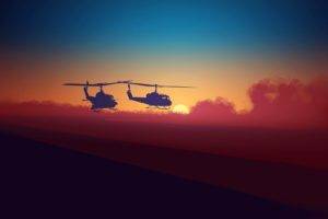 artwork, Helicopters, Colorful, Sunrise, Sand, UH 1, Huey Helicopter