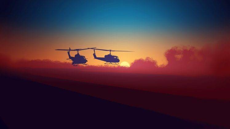 artwork, Helicopters, Colorful, Sunrise, Sand, UH 1, Huey Helicopter HD Wallpaper Desktop Background