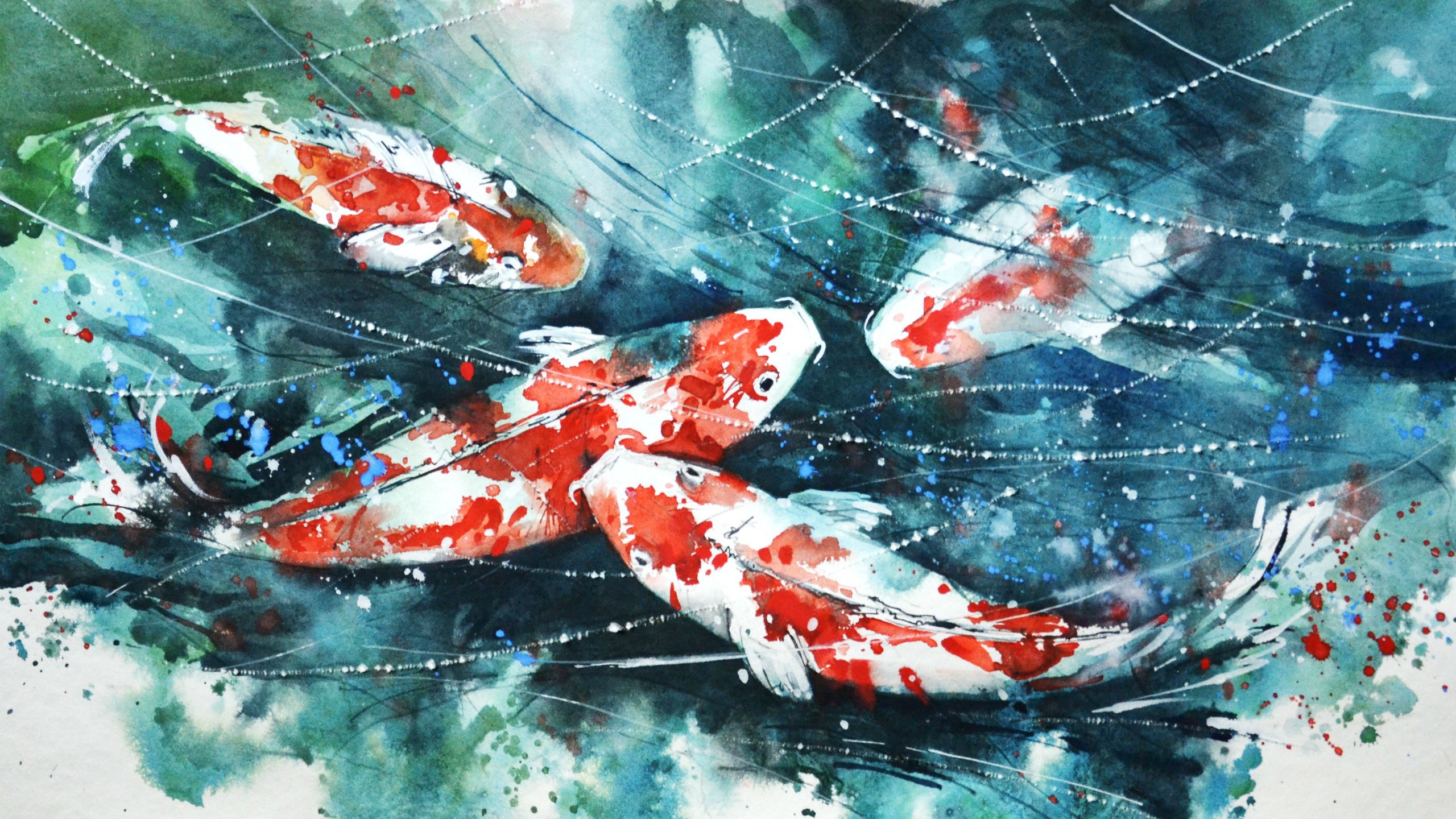 koi, Painting, Watercolor, Fish, Artwork, Paint splatter Wallpaper