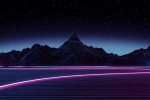 digital art, Neon, Mountains, Lake, Stars