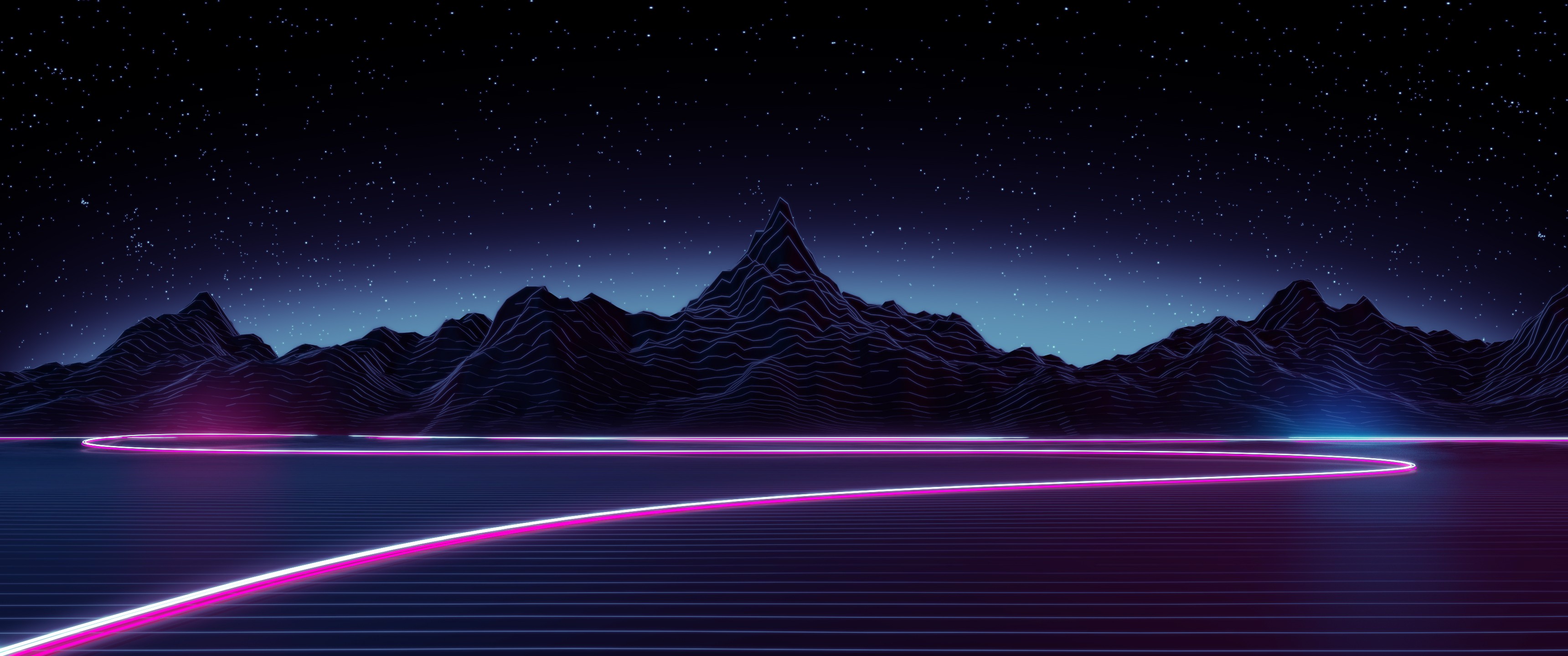 digital art, Neon, Mountains, Lake, Stars Wallpaper