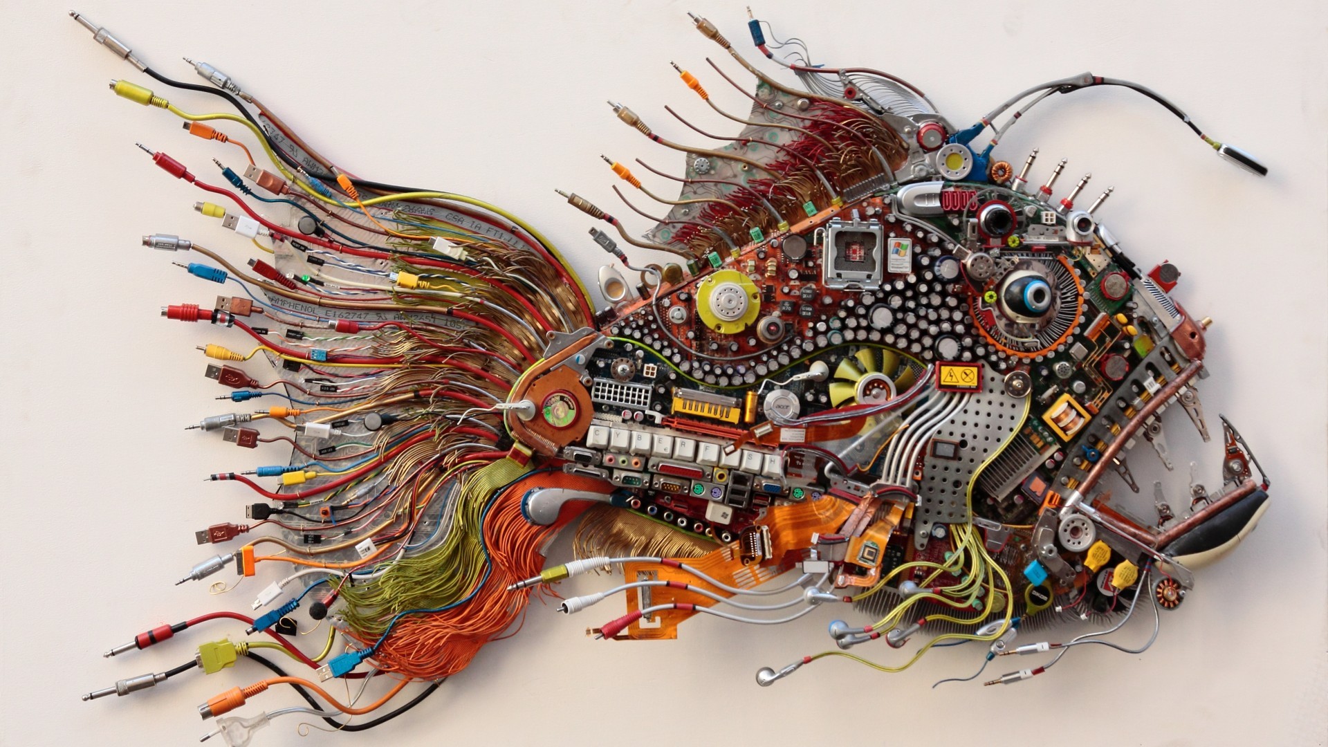 artwork, Wires, Earphones, Motherboards, Electronics, White background, USB, Microchip, Fans, Cyber, Acer, Keyboards, Fin, Fangs, Processor, CPU, Capacitors, Circuits, Hi Tech, Anglerfish, Microsoft Windows Wallpaper