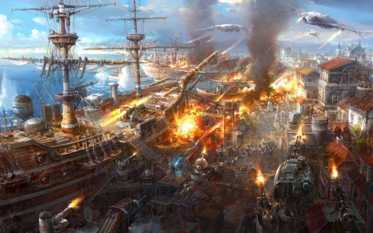 steampunk, Artwork, Battleships, Aircraft, War HD Wallpaper Desktop Background
