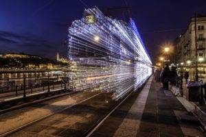 cityscape, Long exposure, Train, Lights, Artwork, Light trails, Budapest, Road, City, Night, Tram