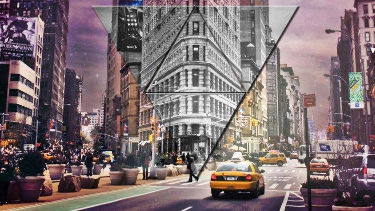 New York City, New York Taxi, Street, City, Triangle, Digital art, Purple, Stars HD Wallpaper Desktop Background