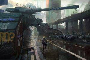 artwork, Concept art, Futuristic, Science fiction, Tank, City, Weapon, Graffiti