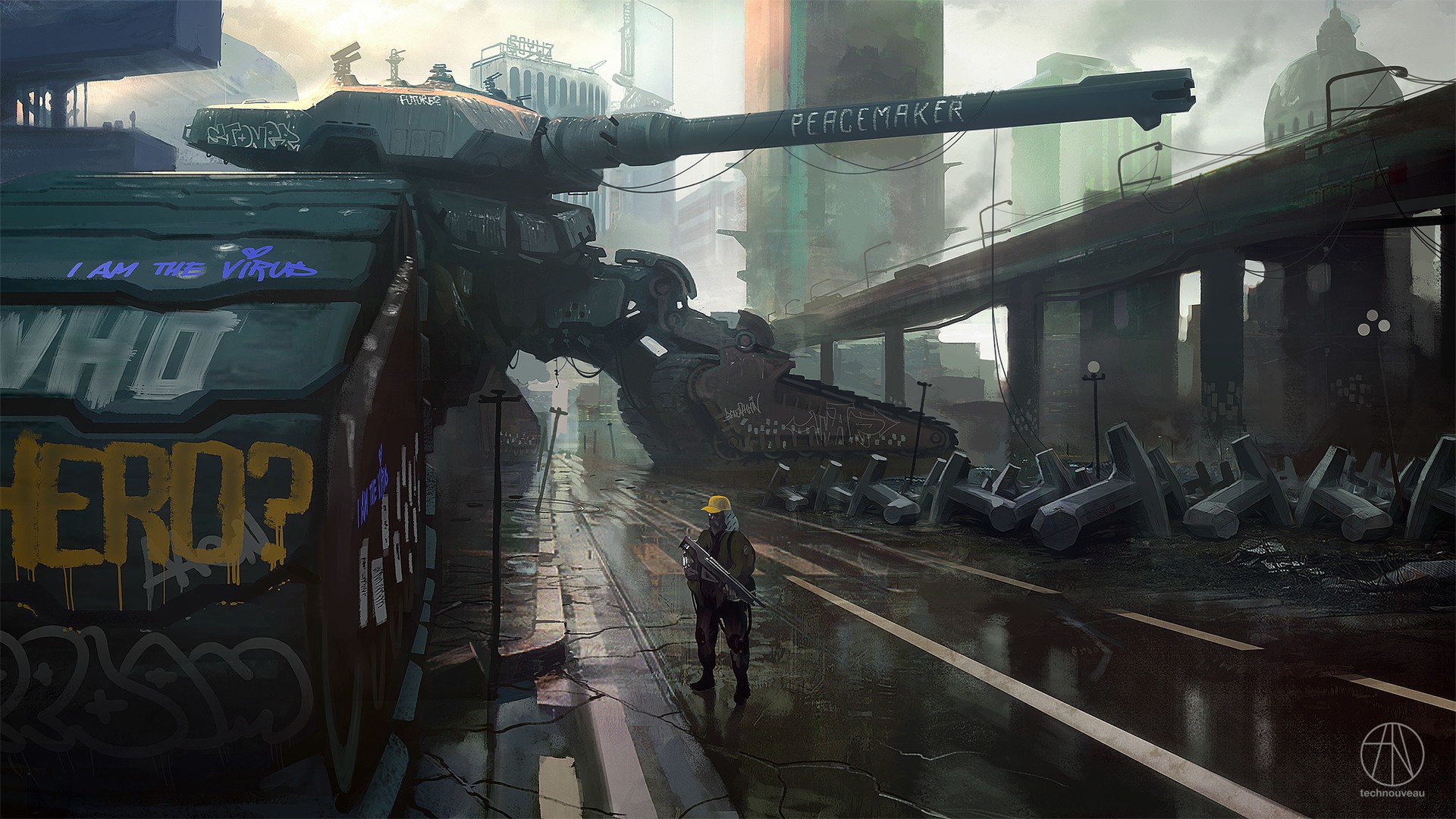 artwork, Concept art, Futuristic, Science fiction, Tank, City, Weapon