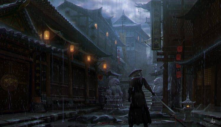 Imperial City, Samurai, Artwork, Rain HD Wallpaper Desktop Background