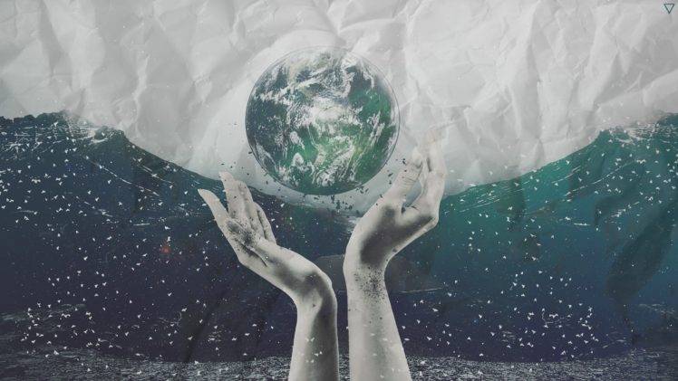 hands, Digital art, Collage, Earth, Paper, Paint splatter HD Wallpaper Desktop Background