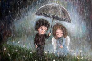 couple, Artwork, Emotions, Rain, Umbrella, Field, Flowers, Angel