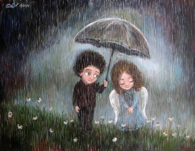 couple, Artwork, Emotions, Rain, Umbrella, Field, Flowers, Angel HD Wallpaper Desktop Background