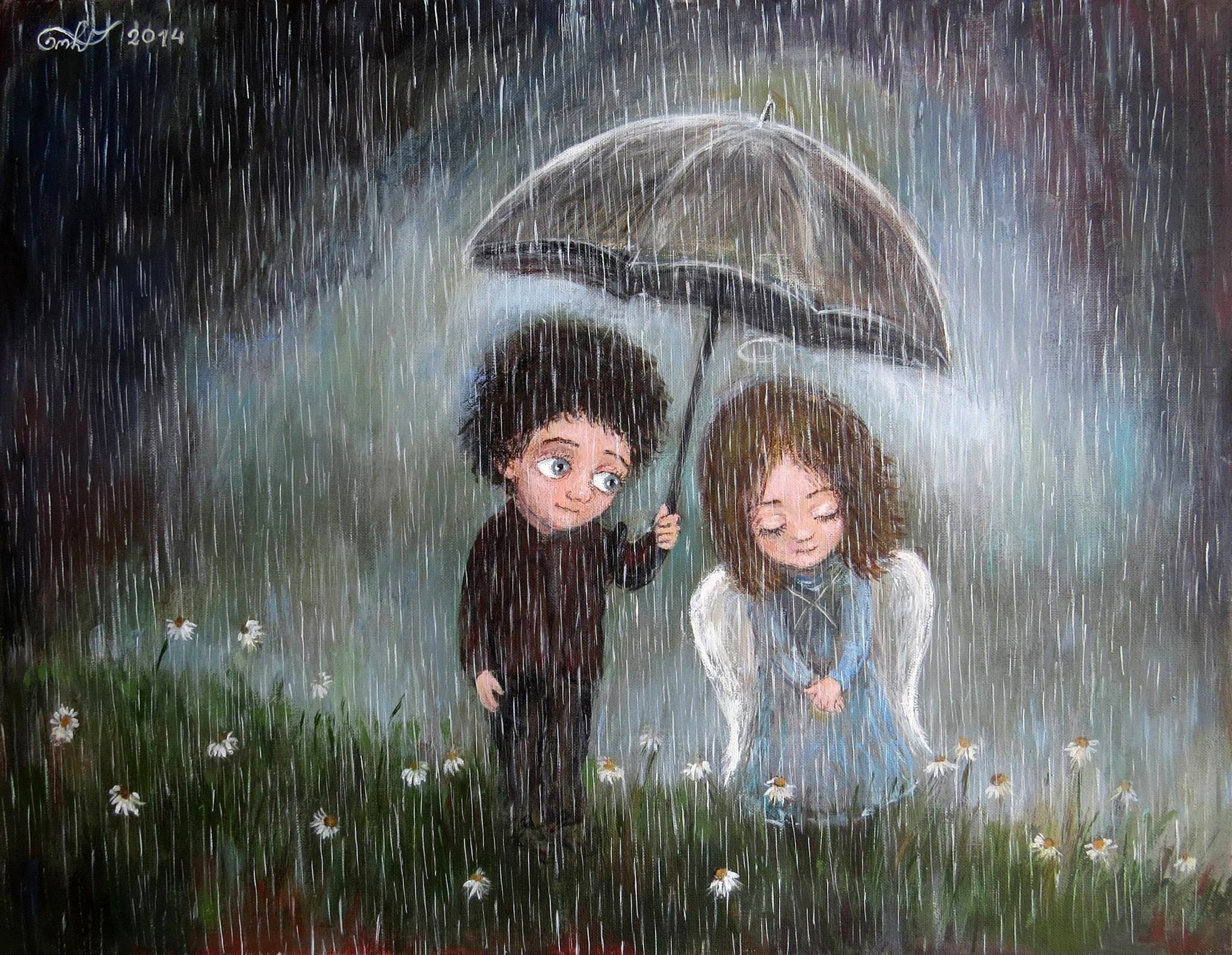 couple, Artwork, Emotions, Rain, Umbrella, Field, Flowers, Angel Wallpaper