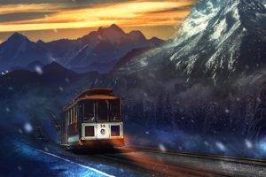 artwork, Mountain, Vehicle, Tram