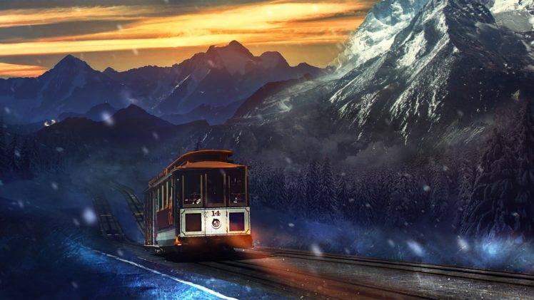 artwork, Mountain, Vehicle, Tram HD Wallpaper Desktop Background