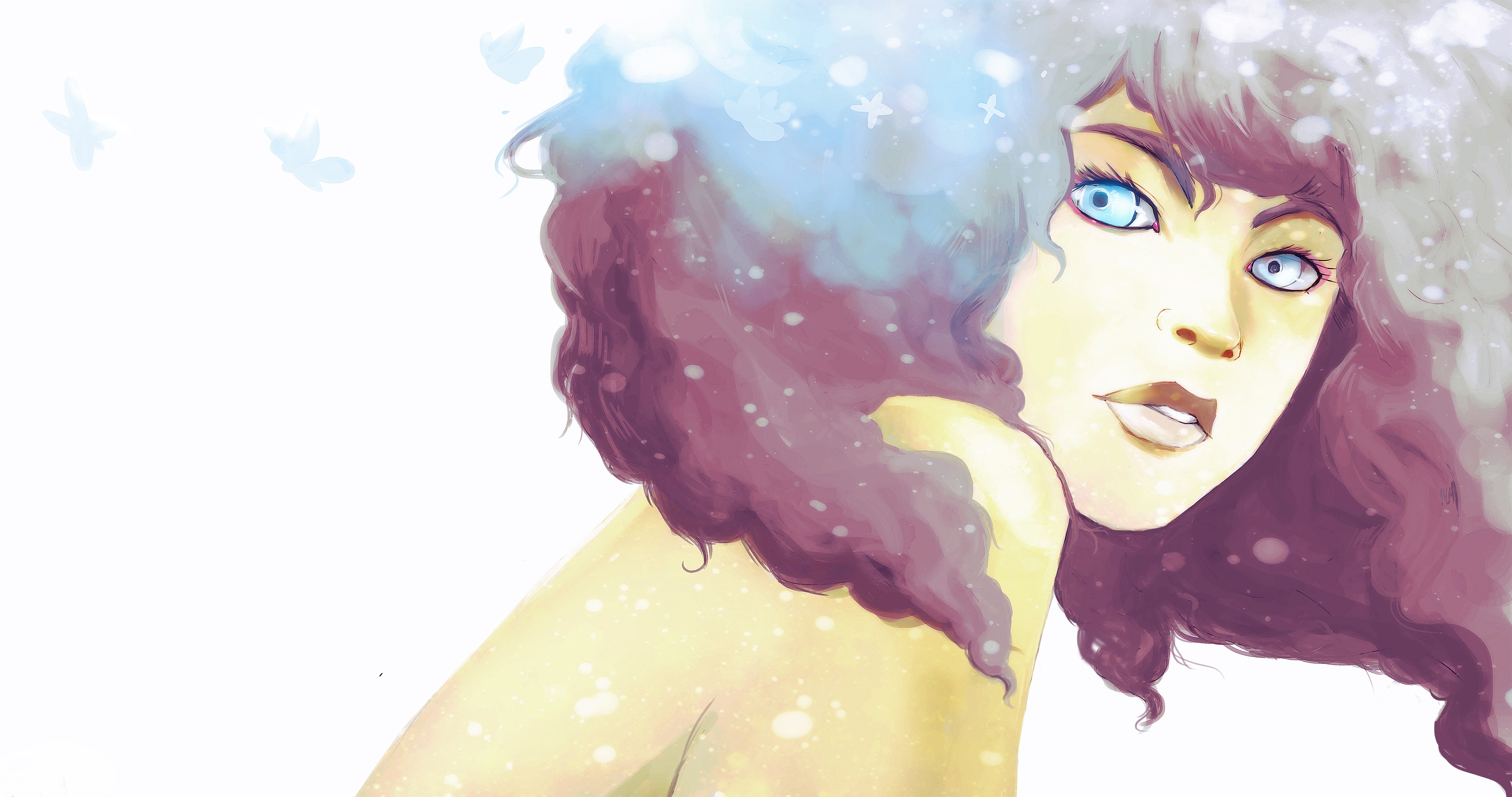 original characters, Blue eyes, Bare shoulders, Artwork, Watercolor Wallpaper