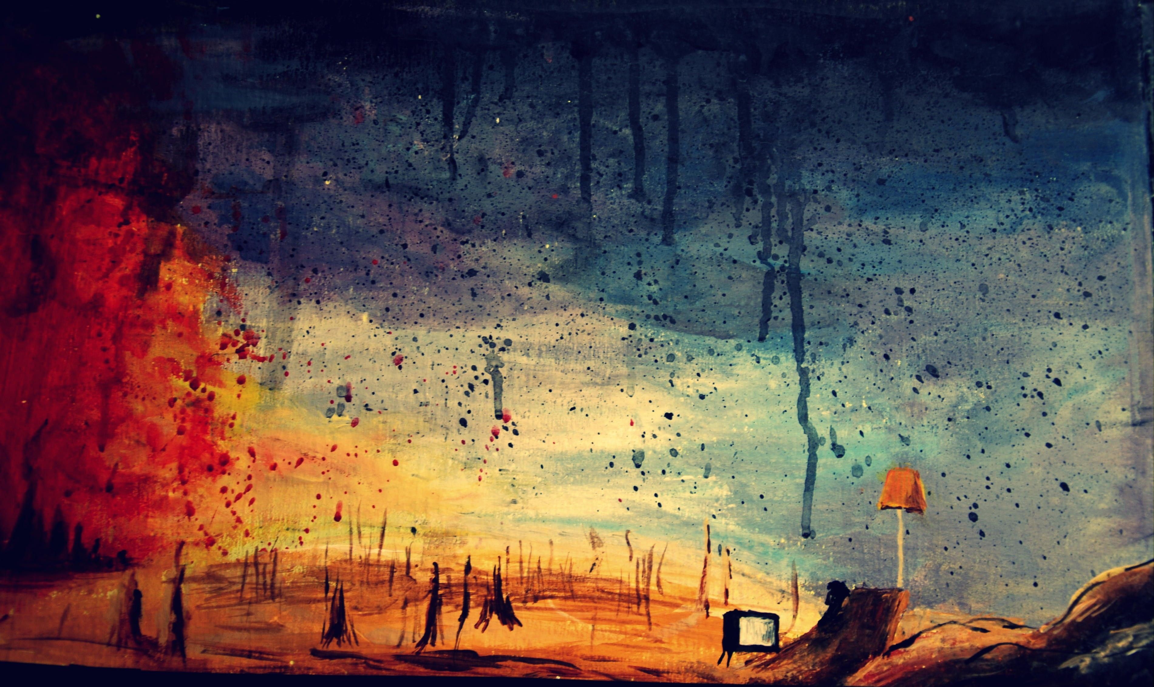 painting, Artwork, Paint splatter, Television sets, Fire, Lamp, Wasteland Wallpaper