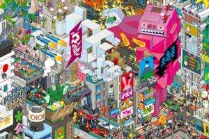 pixel art, Pixels, City, Japan, Mech, Rockets, Artwork