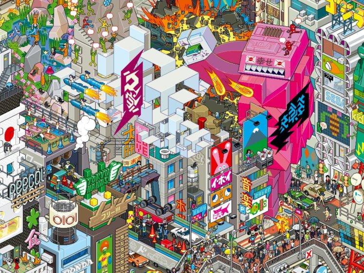 pixel art, Pixels, City, Japan, Mech, Rockets, Artwork HD Wallpaper Desktop Background