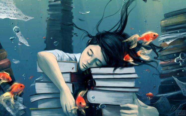 artwork, Psychedelic, Books, Underwater, Fish, Drawing HD Wallpaper Desktop Background