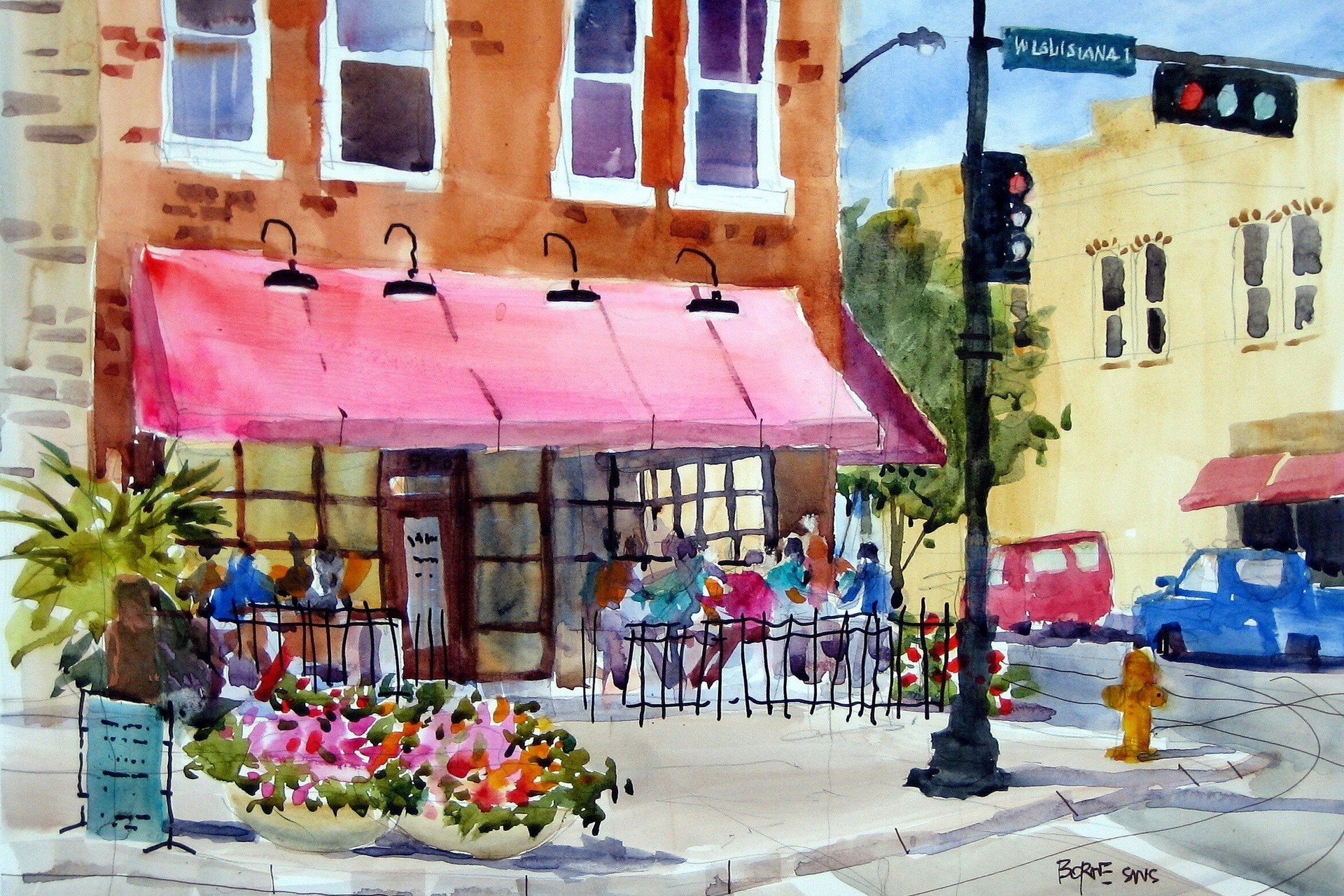 artwork, Painting, Watercolor, Flowerpot, Cafes, Traffic lights Wallpaper