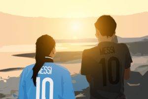 people, Leo Messi, Sunset, Digital art, Beach, Landscape
